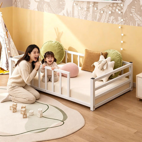 Toddler Floor Bed With Rails And Door, Montessori Low Profile Metal Platform Bed For 2 To 5 Years Old in a nursery setting