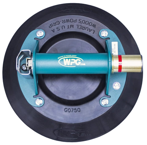 Front view of Woods Powr-Grip N6450 10in concave vacuum cup with teal housing and metal handle