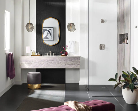 Modern bathroom with Genta LX Modern Single Robe Hook And Towel Hanger In Brushed Nickel near shower area.