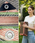Six By Eight Feet Shade Cloth With Grommets, 90 Percent UV Blocking Mesh Tarp for Pergola Shade Cover Canopy, details and person holding cloth.