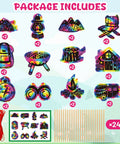 Camping Scratch Card Kit 24 Pack For Outdoor Parties showing 12 rainbow designs with wooden sticks and red string