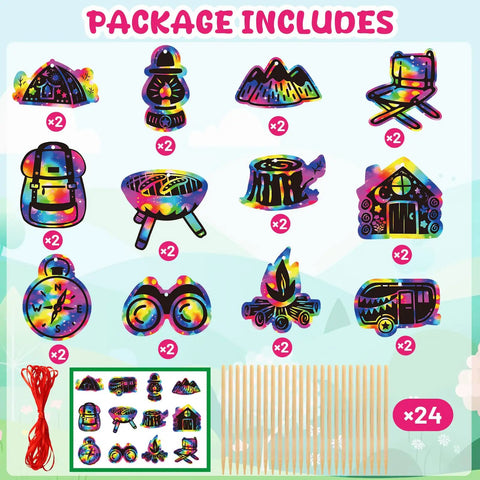 Camping Scratch Card Kit 24 Pack For Outdoor Parties showing 12 rainbow designs with wooden sticks and red string