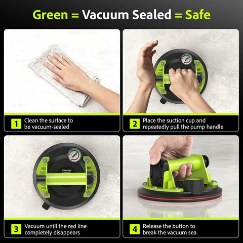 Steps for using Heavy Duty Glass Suction Cup Lifter With 8 Inch Cup Built In Pressure Gauge 450 Lbs Max Load Vacuum Lifter
