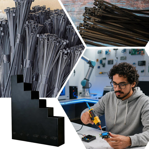 Zip Tie Organizer Wall Mount Rack for garage clutter free tool storage, showing zip ties and man working on DIY project