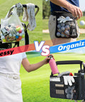 Comparison of a messy golf bag with a plastic bag and an Ultimate Golf Cart Organizer Bag With Drink Holders And Adjustable Compartments.