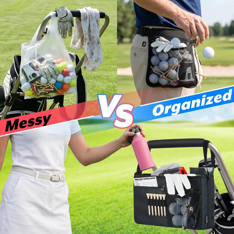 Comparison of a messy golf bag with a plastic bag and an Ultimate Golf Cart Organizer Bag With Drink Holders And Adjustable Compartments.