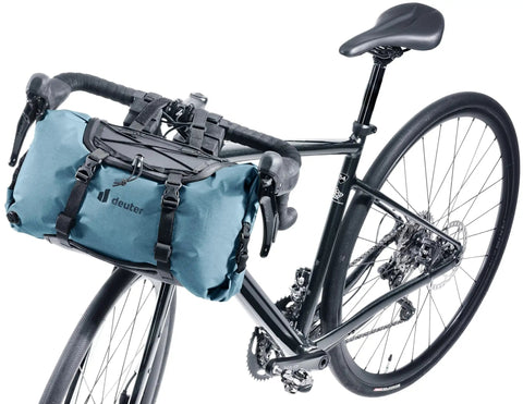 14 Liter Waterproof Handlebar Mounted Bike Bag With Reflective Details And Gear Loops on a bike
