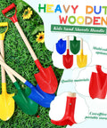 Eight Pack Kids Beach Shovels Set With 22 Inch Plastic Scoops And Wooden Handles in classic colors on grass.