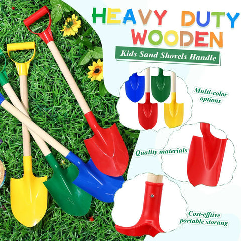 Eight Pack Kids Beach Shovels Set With 22 Inch Plastic Scoops And Wooden Handles in classic colors on grass.