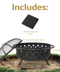 Crossweave Outdoor Wood Burning Fire Pit For Patio Or Yard 36 Inch Round Black Fire Pit with spark screen and accessories