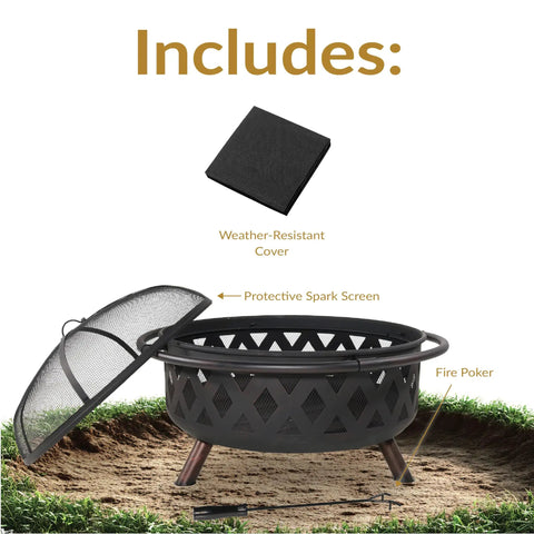 Crossweave Outdoor Wood Burning Fire Pit For Patio Or Yard 36 Inch Round Black Fire Pit with spark screen and accessories