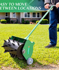 Person using Rolling Lawn Aerator For Easy Lawn Care, Heavy Duty Push Spike Aerator Up To 55 Lbs on green yard