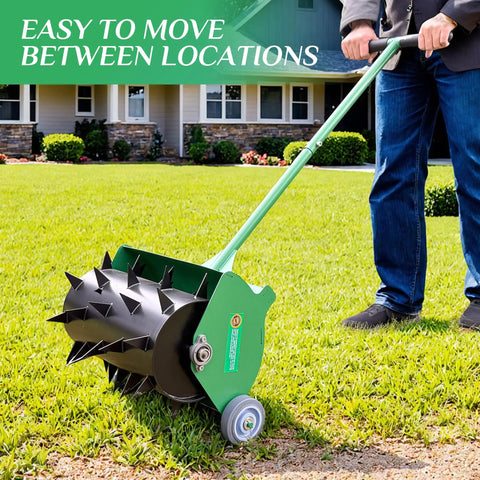 Person using Rolling Lawn Aerator For Easy Lawn Care, Heavy Duty Push Spike Aerator Up To 55 Lbs on green yard