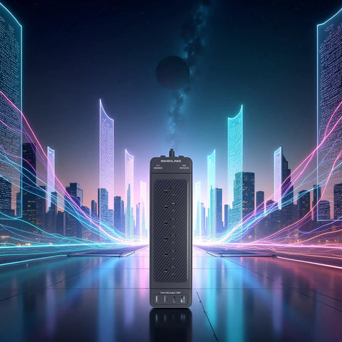 Heavy Duty Surge Protector Power Strip With 18 Wide Spaced Outlets And 4 USB Ports Two USB A And Two USB C With PD 20W, futuristic backdrop