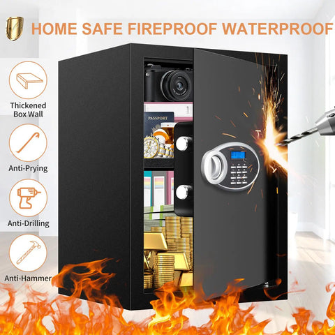 Open Fireproof Waterproof Home Safe With Digital Keypad And Spare Keys, 3.3 Cu Ft Security Box showing valuables inside.