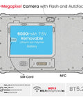 Built Different 10.1 Inch Rugged Tablet With High Speed Barcode Scanner Windows 11 Pro back view showing 8-Megapixel camera and battery.