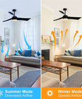 Living room with 52 Inch Dimmable LED Ceiling Fan With Remote Control showing summer and winter airflow modes.