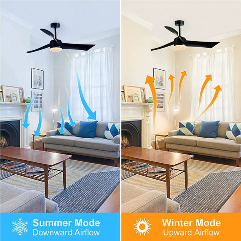 Living room with 52 Inch Dimmable LED Ceiling Fan With Remote Control showing summer and winter airflow modes.