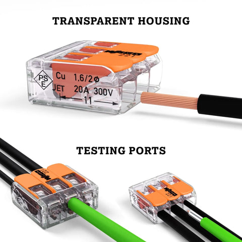 Top Shelf Hella Dependable 3 Conductor Wire Connectors For Solid Stranded Flexible Copper Cables with transparent housing and testing ports.