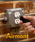 4 Inch Square Electrical Box And 2 Gang Duplex Receptacle Exposed Work Cover Pack With Crushed Corners installed on brick wall.