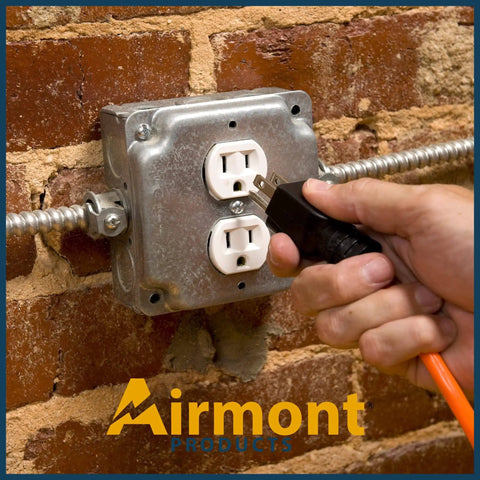 4 Inch Square Electrical Box And 2 Gang Duplex Receptacle Exposed Work Cover Pack With Crushed Corners installed on brick wall.
