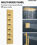 Premium Stainless Steel Ceiling Mount Top Tier Overhead Shower System Featuring Vibrant Led Mood Lights And Integrated Bluetooth Speaker For A Smooth Game Changing Chill Experience In Brushed Gold Finish, multi-mode panel with 5 functions.