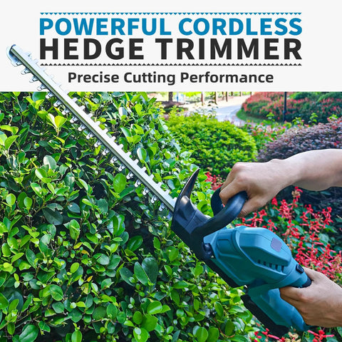 Cordless Hedge Trimmer with Rotatable Handle and 52cm Dual Action Blade Brushless 18V Battery Powered Yard Tool in use