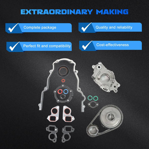 Timing Chain Kit With M295 Oil Pump And Gasket For G8 H2 CTS Escalade, showing components on dark background.