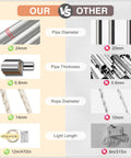 Comparison chart showing pipe diameter, pipe thickness, rope diameter, and light length differences between two products.