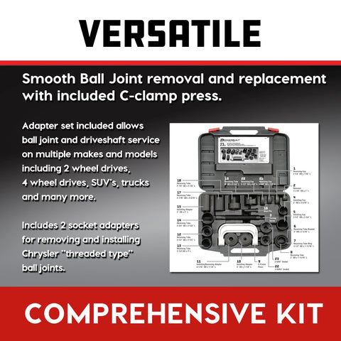 Ball And U Joint Service Set 23 Piece Tool Kit Pro Grade For Removing And Installing Ball Joints And U Joints Includes Receiving Tubes Adapters Sockets Heavy Duty C Frame in case with labels