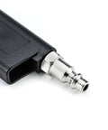 Close-up of connector on heavy duty tire inflator with pressure gauge for cars and SUVs, durable metal construction, 0 to 220 PSI range.