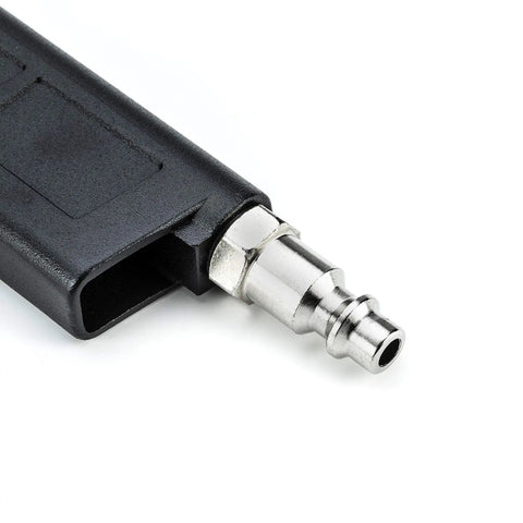Close-up of connector on heavy duty tire inflator with pressure gauge for cars and SUVs, durable metal construction, 0 to 220 PSI range.