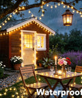 Waterproof Rechargeable Camping String Lights 33Ft 100 LED Globe Bulbs Warm White with Timer illuminating a cozy garden scene.