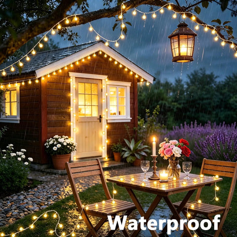 Waterproof Rechargeable Camping String Lights 33Ft 100 LED Globe Bulbs Warm White with Timer illuminating a cozy garden scene.