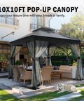 10x10 Pop Up Gazebo With Mosquito Netting And Double Roof Venting set up on patio with seating area