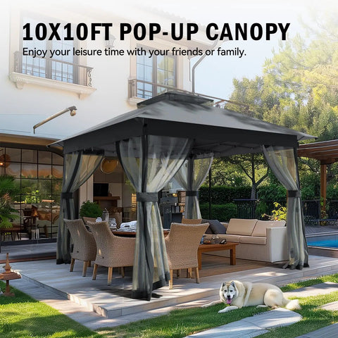10x10 Pop Up Gazebo With Mosquito Netting And Double Roof Venting set up on patio with seating area