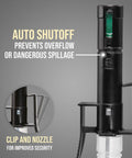 Close-up of Battery Powered Fuel Transfer Pump With Auto Stop, showing clip, nozzle, and auto shutoff feature to prevent spillage.