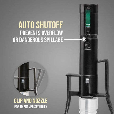 Close-up of Battery Powered Fuel Transfer Pump With Auto Stop, showing clip, nozzle, and auto shutoff feature to prevent spillage.