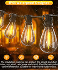 Close-up of Ultra Long 200Ft Outdoor String Lights With Shatterproof Edison Bulbs, waterproof, glowing warmly in rain