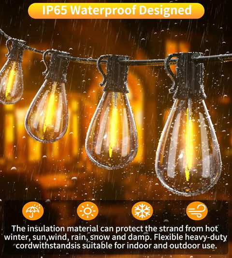 Close-up of Ultra Long 200Ft Outdoor String Lights With Shatterproof Edison Bulbs, waterproof, glowing warmly in rain