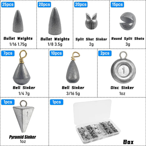 All Purpose Fishing Sinker Weights Kit With 100 Pcs Varied Bass Casting Sinkers Removable Split Shot Bell Drop Pyramid Disc Weights