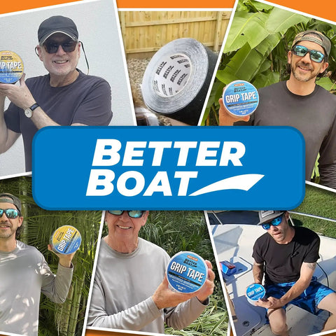 Collage of individuals holding Better Boat grip tape with Outdoor Stair Tread Tape Non Slip 4 Inch By 40 Foot White Roll Waterproof.