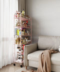 Premium Six Tier Rolling Storage Cart With Swivel Wheels, Sturdy Metal Mobile Shelving Rack For Tight Spaces, Dope Pink Utility Organizer For Kitchen Laundry Or Bathroom, Smooth Glides And Zero Clutter with various items organized on six tiers.