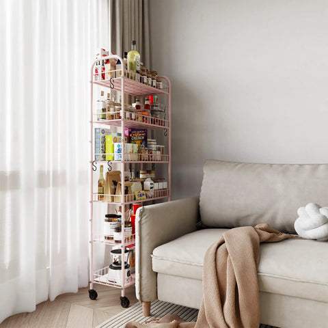 Premium Six Tier Rolling Storage Cart With Swivel Wheels, Sturdy Metal Mobile Shelving Rack For Tight Spaces, Dope Pink Utility Organizer For Kitchen Laundry Or Bathroom, Smooth Glides And Zero Clutter with various items organized on six tiers.