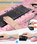 Hands using Pink 4 In 1 XXL Desk Pad Set With Keyboard Wrist Rest Mouse Wrist Rest And Coaster Extended Desk Cover Mat For Home Office Or Gaming Setup 35.4 By 15.7 Inches Large Ergonomic Desk Mat Stay Positive