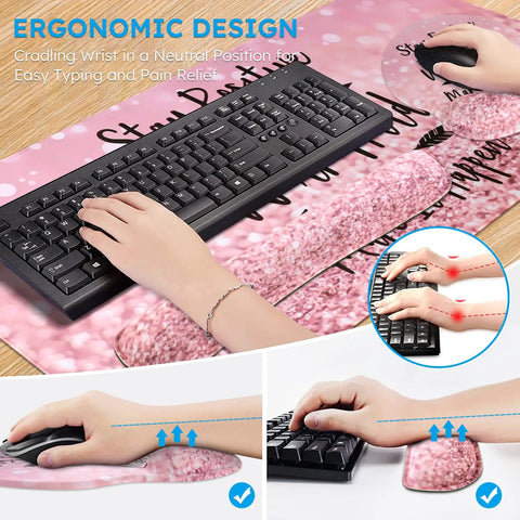 Hands using Pink 4 In 1 XXL Desk Pad Set With Keyboard Wrist Rest Mouse Wrist Rest And Coaster Extended Desk Cover Mat For Home Office Or Gaming Setup 35.4 By 15.7 Inches Large Ergonomic Desk Mat Stay Positive