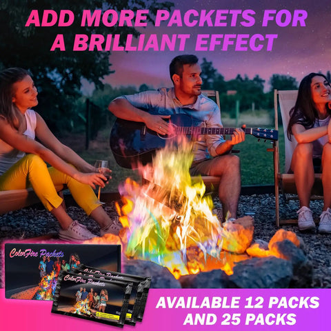 People enjoying campfire with Colorful Fire Packets For Campfires And Fire Pits, Flame Color Changing Powder, 25 Packets