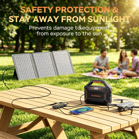 155Wh Solar Generator Kit with 30W panel on picnic table for camping, off grid, emergency backup, 100W 150W surge output