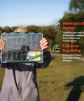 Person holding BallistiX Terminal Tackle Tray With Waterproof Gasket Clear Lid And One Hand Latch For Easy Grab-And-Go Tackle Storage Anti-Corrosion Lure Box Durable Polycarbonate Case 13.2 x 9.375 x 1.6 Inches Black outdoors