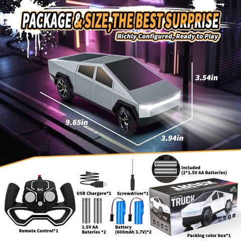 All Terrain 2.4GHz RC Truck for Kids with remote control and accessories, showcasing rugged design and size dimensions in a package box.